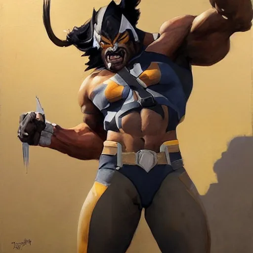 Image similar to Greg Manchess portrait painting of Wolverine as Overwatch character, medium shot, asymmetrical, profile picture, Organic Painting, sunny day, Matte Painting, bold shapes, hard edges, street art, trending on artstation, by Huang Guangjian and Gil Elvgren and Sachin Teng