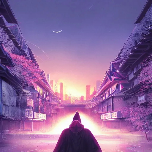 Image similar to lone wanderer in a highly detailed cinematic tokyo suburb, psychedelic, amazing, by feng zhu, wayne barlowe, perfect geometry, hdr, 4 k, hyper - detailed, sharp, beautiful, desaturated, beautiful lighting, oil on canvas, sunset, cinematic composition, trending on artstation, gnomon