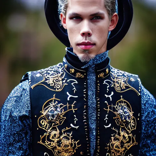 Image similar to medium face shot of adult Austin Butler dressed in futuristic-baroque black-prussian blue garb with embroidered Rams head emblem, and nanocarbon-vest, in an arena in Dune 2021, XF IQ4, f/1.4, ISO 200, 1/160s, 8K, face in-frame