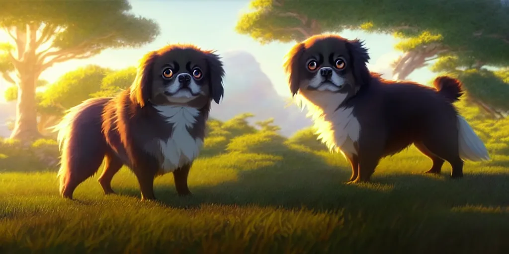 Image similar to a wholesome animation key shot of a tibetan spaniel, studio ghibli, pixar and disney animation, sharp, rendered in unreal engine 5, anime key art by greg rutkowski, bloom, dramatic lighting