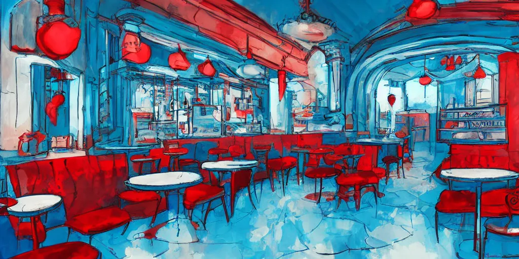 Image similar to cafe interior, blue and red tones, fantasy art, 2 d game art