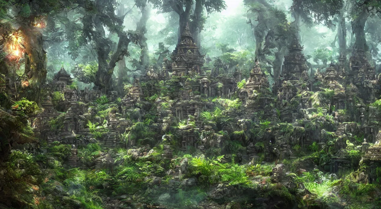 Prompt: video game forest temple, lots of aesthetic and very beautiful temple. photorealism, trending on art station, hq, 8k resolution,