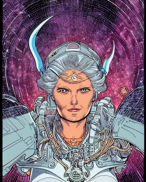 Image similar to closeup portrait of a female space priestess by arthur adams and moebius and chip zdarsky, stunning, comic, pen and ink, slash page, highly detailed