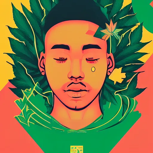 Prompt: Pop Marijuana profile picture by Sachin Teng, symetrical, Vector , Leaf Green, Green smoke, Impressive, Award Winning, Warm, Good Vibes, Positive, geometric shapes, energetic, intricate background, graffiti, street art:2 by Sachin Teng:4