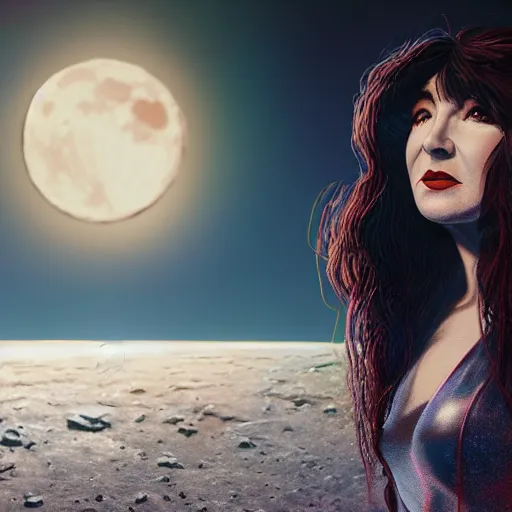 Image similar to A hyper real comic book style portait painting of Kate Bush on the moon, unreal 5, hyperrealistic, octane render, cosplay, RPG portrait, dynamic lighting