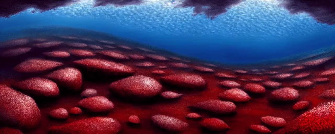 Image similar to A gorgeous detailed oil of a dark red sea covered in big blue steep rocks, a school of piranhas underwater, the further away the mistier it gets, surreal, concept art, dark aesthetic, atmospheric, moody, hyperrealism, highly detailed, masterpiece, award winning, 4k, unreal engine