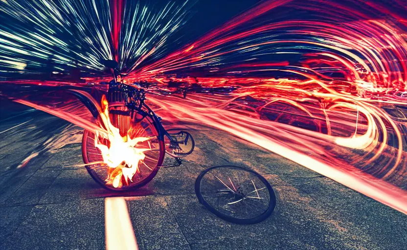 Image similar to a bicycle with a rocket engine attached to the back, flames and fire shooting out the back, light trails and motion blur, stylized photo