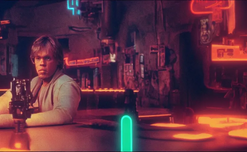 Image similar to screenshot portrait of Luke Skywalker in a seedy underground neon bar, iconic scene from 1980s film by Ridley Scott, 4k, cinematic still frame, cyberpunk sci fi architecture, portrait photoreal, detailed photo of Mark Hammill in the 1980s, moody lighting, stunning cinematography, hyper-detailed, sharp, anamorphic lenses, kodak color film stock