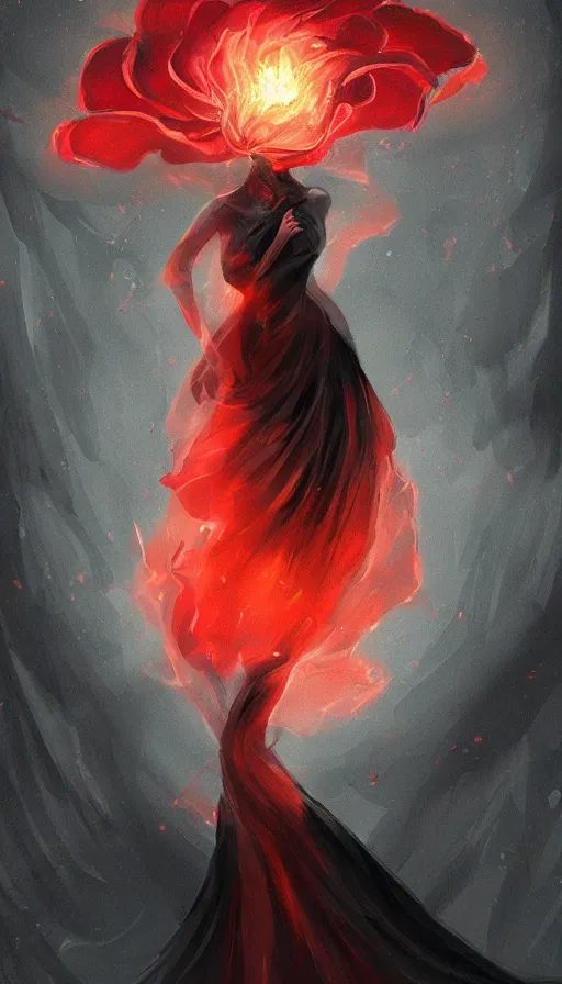 Image similar to 'Portrait of Beautiful faceless female elemental made of black fire, looking sideways, with no face, with red halo glowing out of her wrists, growing out of a giant rose, rose petals flying in the wind, fantasy, d&d, tragic, tense, digital painting, artstation, indieground, concept art, sharp focus, by Annie Swynnerton and Nicholas Roerich, madness combat, strong dramatic cinematic lighting , blood red sky, grey skin, smooth, sharp focus, extremely detailed, illustration, art by greg rutkowski, dave kendal, Godmachine, alphonse mucha''