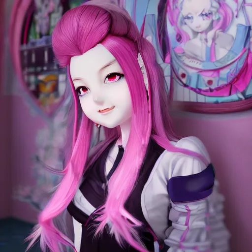 Image similar to trapped by stunningly beautilful omnipotent megalomaniacal anime asi goddess who looks like junko enoshima with symmetrical perfect face and porcelain skin, pink twintail hair and cyan eyes, taking control while smiling inside her surreal vr castle, hyperdetailed, digital art from danganronpa, unreal engine 5, 2 d anime style, 8 k