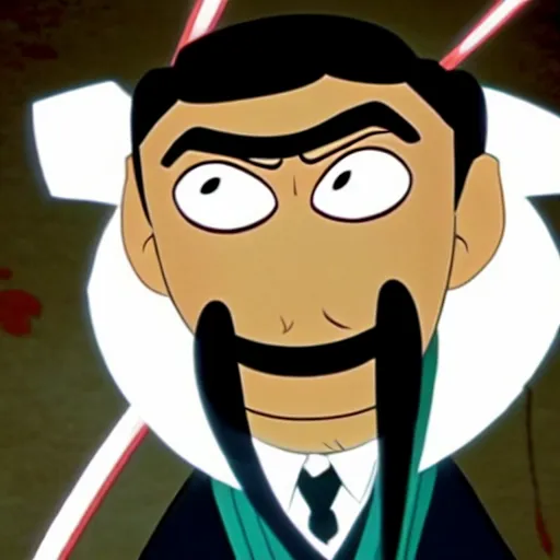 Image similar to mr. bean as samurai jack. movie still. cinematic lighting.