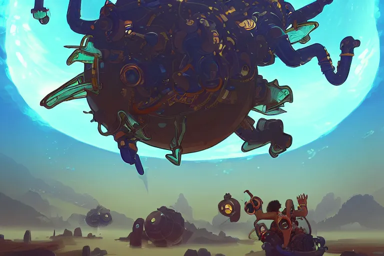 Prompt: afro - futurist scuba divers swimming away from a gigantic alien mola mola, smooth and sharp digital painting by greg rutkowski and alphonse mucha and rossdraws | afrofuturism in the style of hearthstone and overwatch, trending on artstation