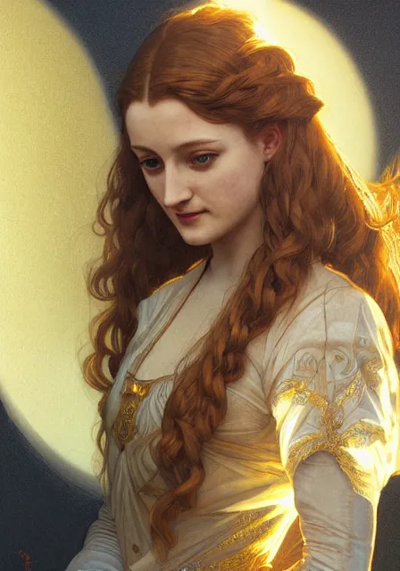 Image similar to sansa stark gold sunny lights, intricate, elegant, highly detailed, digital painting, artstation, concept art, smooth, sharp focus, illustration, art by artgerm and greg rutkowski and alphonse mucha and william - adolphe bouguereau