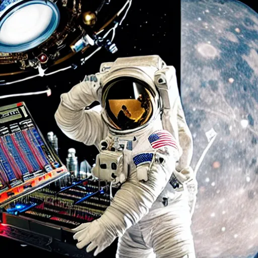 Image similar to an astronaut on the dj decks on the moon