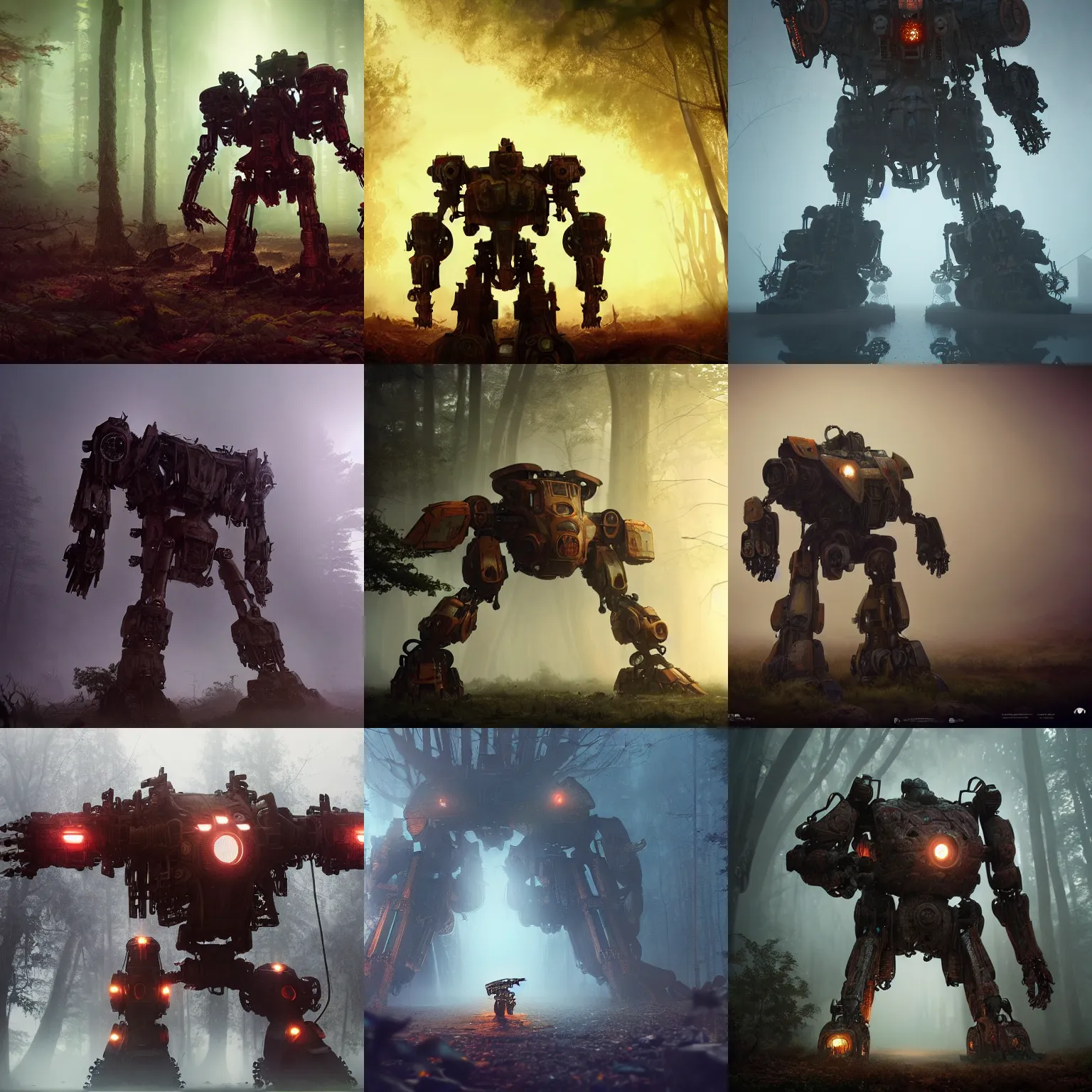 Prompt: a giant rusty derelic mecha in a fantasy forest, foggy night, dramatic lighting, concept art, matte painting, trending artstation, octane render, plague, apocalyptic 8 k