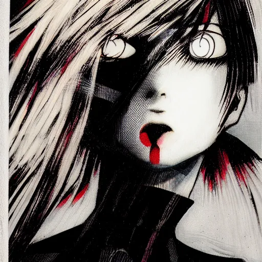 Image similar to Yoshitaka Amano style portrait of an anime girl with short white hair and eyepatch wearing suit with patterns, abstract black and white background in the style of Junji Ito, film grain effect, highly detailed, oil painting, expressive brush strokes