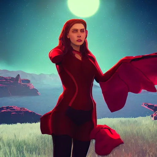 Prompt: still of scarlet witch in no man's sky, no man's sky art style, no man's sky aesthetic, artstation, cgsociety contest winner