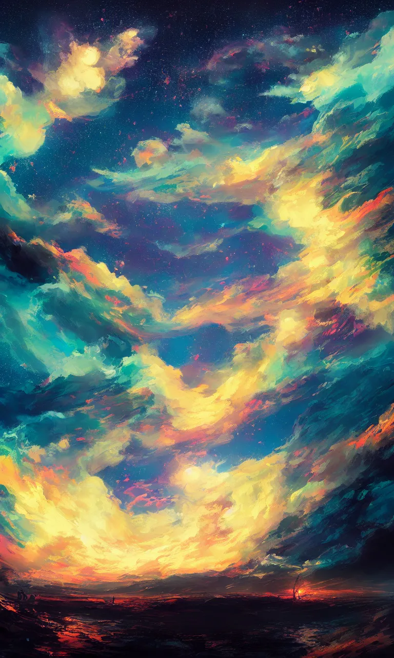 Image similar to a beautiful painting of fire sea, starry sky, moon, cloud, by liam wong and yuumei and yanjun chen, trending on artstation