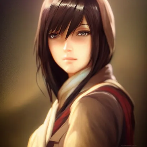 Image similar to mikasa ackerman, bokeh, beautiful face!!!!, 2 7 years old, cg animation, lifelike, animated, realistic, character select portrait, by artgerm, greg rutkowski, alphonse mucha, 3 d