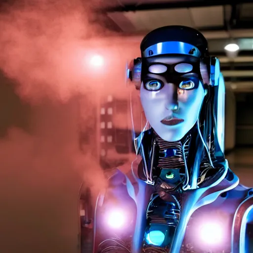 Image similar to A humanoid robot with wires coming out of her eyes, technopunk, computer screens in the background, a thin layer of smoke, XF IQ4, 150MP, 50mm, F1.4, ISO 200, 1/160s, natural light