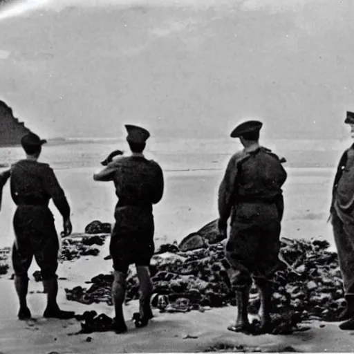 Image similar to 1940s photo, long shot, 5 soldiers looking at a huge creature washed up on a beach