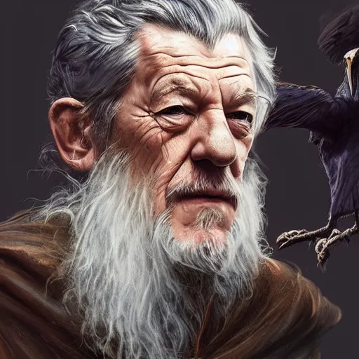 Prompt: Digital painting of Ian McKellen as Odin, wearing an brown leather eyepatch, two ravens in the background, hyperdetailed, artstation, cgsociety, 8k