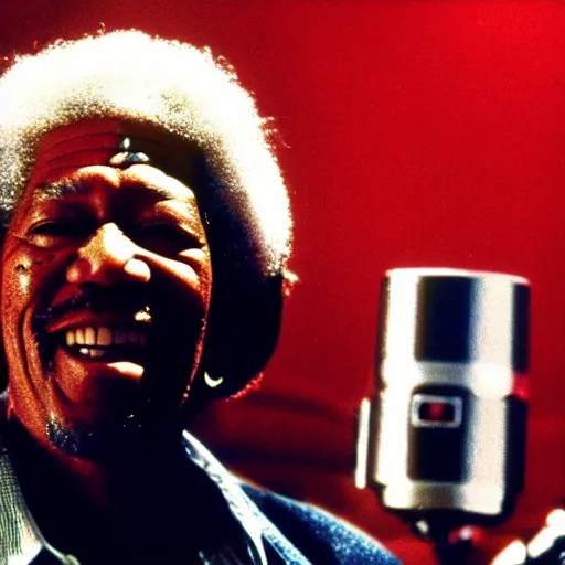 Image similar to a 1970s film still of Morgan Freeman dressed as a funk singer, 40mm lens, shallow depth of field, split lighting