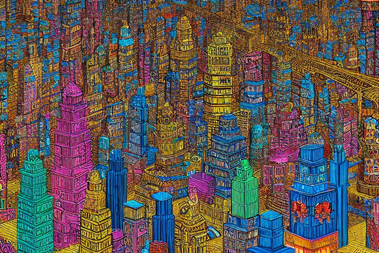 Image similar to hyper detailed nightmare cityscape in 3d collaboration with dan mumford and Louis Wain (1920)