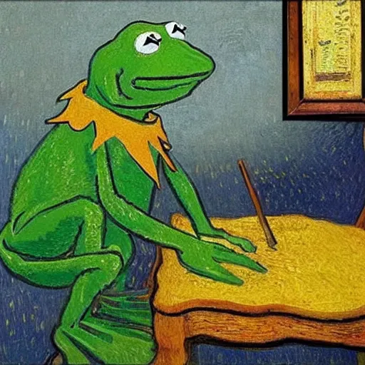 Prompt: Kermit the Frog, Van Gogh portrait, painting, detailed, visible brush strokes