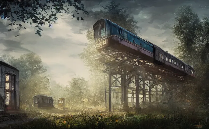 Image similar to An abandoned train station in the style of Disney, disney concept art, cinematic lighting, overgrown swedish urban landscape, 8k resolution, trending on artstation