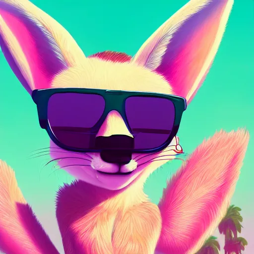 Prompt: fennec fox, pink, palm trees, furry, cute, disney zootopia, concept art, aviator sunglasses, synthwave style, artstation, detailed, award winning, dramatic lighting, miami vice, oil on canvas, vibes