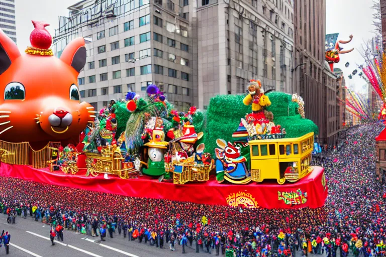 Image similar to photo of giant beautiful elaborate parade float designed by richard scarry, in the macys parade, detailed 4 k photo,