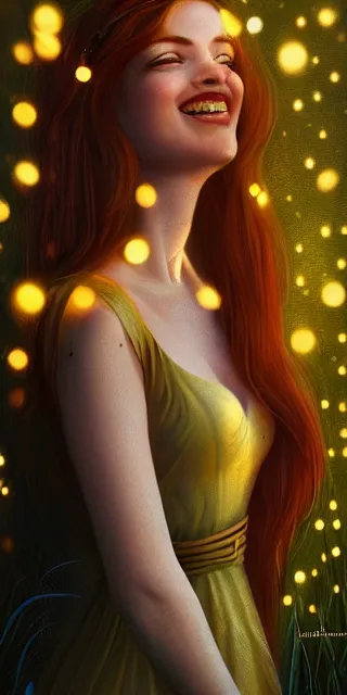 Image similar to young woman, serene smile, surrounded by golden firefly lights amidst nature, full covering intricate detailed dress, long red hair, precise linework, accurate green eyes, small nose with freckles, beautiful smooth oval shape face, empathic, expressive emotions, dramatic lights, hyper realistic ultrafine art by artemisia gentileschi, jessica rossier, boris vallejo