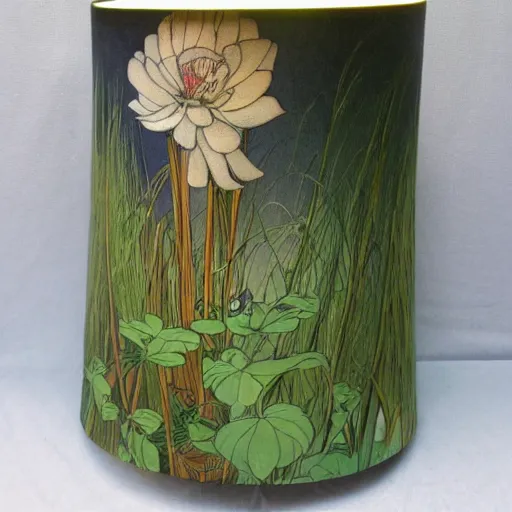 Image similar to beautiful victorian art nouveau duck lampshade, river reeds duckweeds, mucha kilian eng