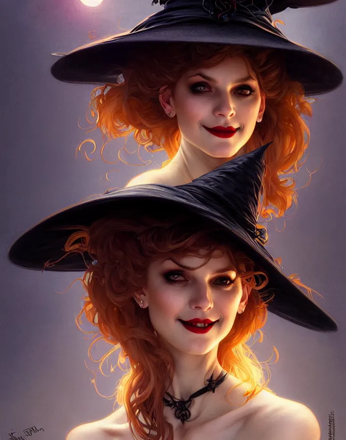 Image similar to halloween witch woman in a hat smiles, fantasy magic, undercut hairstyle, dark light night, intricate, elegant, sharp focus, illustration, highly detailed, digital painting, concept art, matte, art by wlop and artgerm and greg rutkowski and alphonse mucha, masterpiece