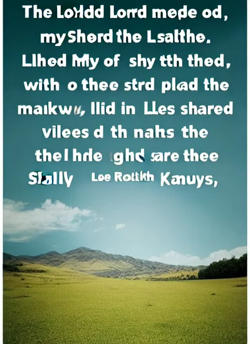 Image similar to The Lord is my shepherd; I shall not want. He maketh me to lie down in green pastures: he leadeth me beside the still waters. He restoreth my soul: he leadeth me in the paths of righteousness for his name's sake. Yea, though I walk through the valley of the shadow of death, I will fear no evil: for thou art with me; thy rod and thy staff they comfort me. Thou preparest a table before me in the presence of mine enemies: thou anointest my head with oil; my cup runneth over. Surely goodness and mercy shall follow me all the days of my life: and I will dwell in the house of the Lord for ever. edge to edge, 8k