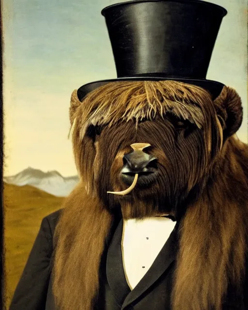 Image similar to highly detailed portrait photo of an anthropomorphic mutant with the head of a musk ox, wearing a overgown and a top hat in a dystopian scenic environment, hyperrealistic Illustration