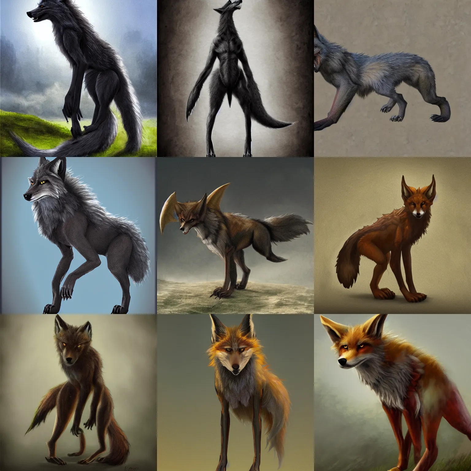 Prompt: fantasy art of a werefox standing on two legs, photorealistic