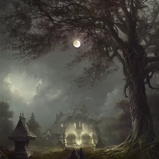 Image similar to a hidden village in the trees, victorian setting, dramatic light, clouds, moon, storm, night, high detail, fantasy background, painted by greg rutkowski, digital art, trending on artstation