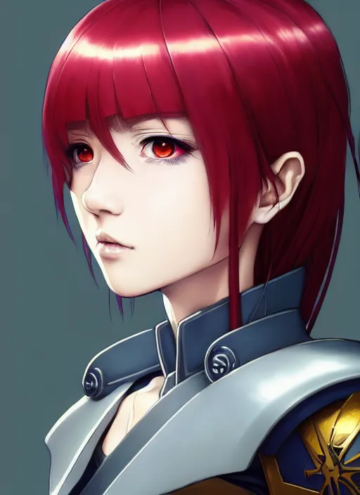 Image similar to portrait of Anime sister of battle, Warhammer 40000, cute-fine-face, red-short-hair pretty face, realistic shaded Perfect face, fine details. Anime. realistic shaded lighting by Ilya Kuvshinov katsuhiro otomo ghost-in-the-shell, magali villeneuve, artgerm, rutkowski, WLOP Jeremy Lipkin and Giuseppe Dangelico Pino and Michael Garmash and Rob Rey