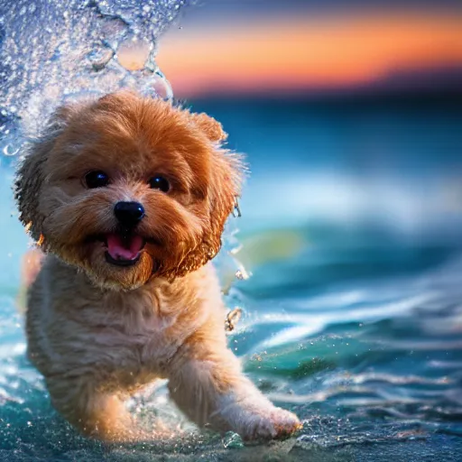 Image similar to a closeup photorealistic photograph of a cute smiling tiger bichon puppy splashing in the surf during sunset. professional capture, well lit shot. this 4 k hd image is trending on artstation, featured on behance, well - rendered, extra crisp, features intricate detail, epic composition and the style of unreal engine.