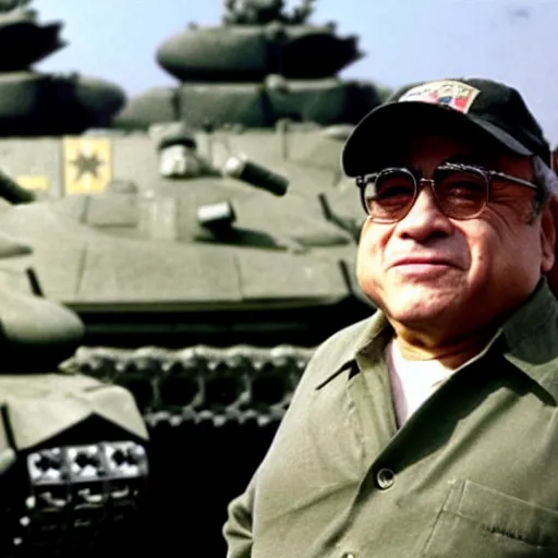 Prompt: Danny DeVito standing in front of Chinese tanks, photograph taken by AP, Tiananmen Square, Beijing