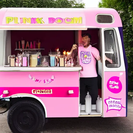 Prompt: pink ice cream man screaming whilst surrounded by relaxing scented candles