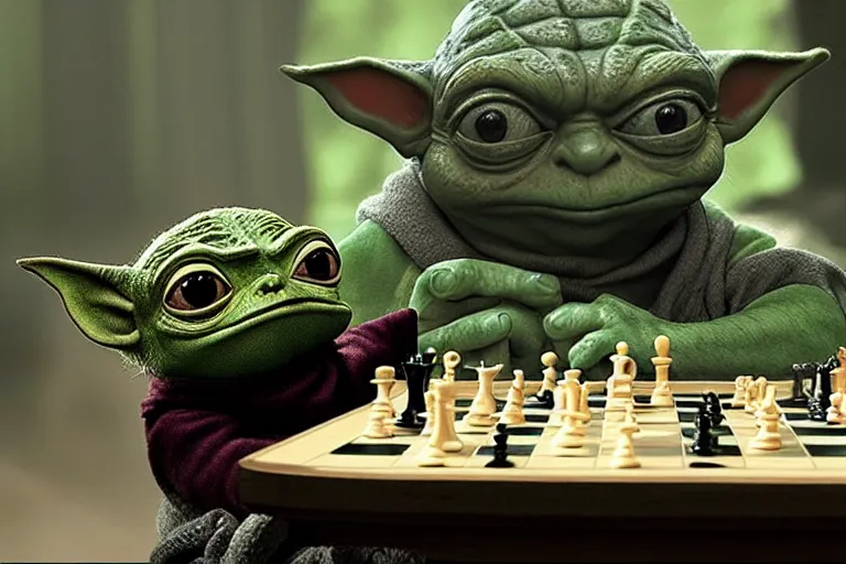 Prompt: pepe the frog playing chess with yoda in a scene from'the empire strikes back ', hyper realistic, cinematic