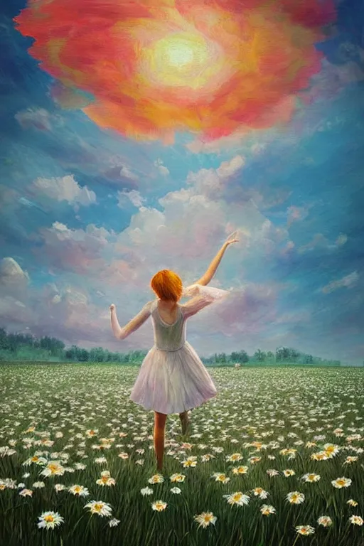 Image similar to giant white daisies flower as head, girl dancing in a flower field, surreal photography, sunrise, dramatic light, impressionist painting, colorful clouds, digital painting, artstation, simon stalenhag