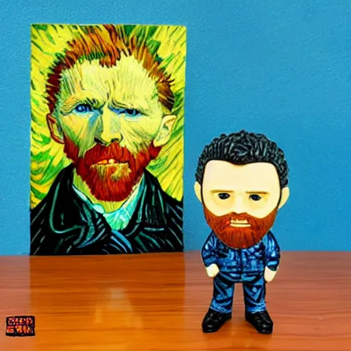 Prompt: vincent van gogh standing next to his painting starry night, stop motion vinyl action figure, plastic, toy, butcher billy style