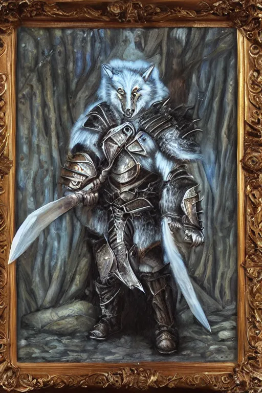 Prompt: oil painting of blaidd the wolfman hybrid wearing heavy knight armor, elden ring, video game