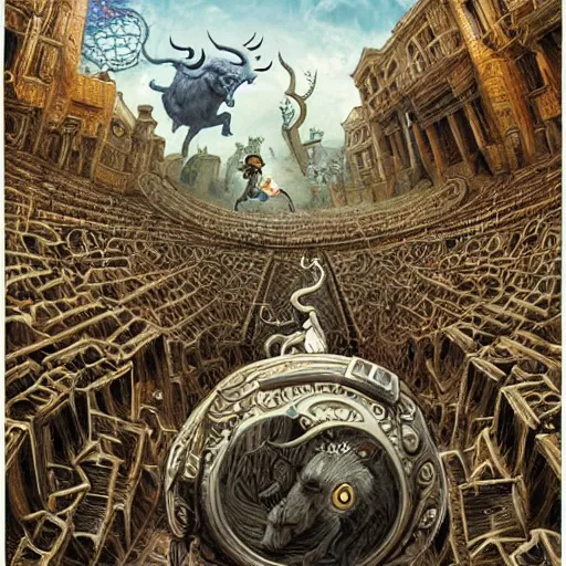 Image similar to a hyper realistic painting of a minotaur chasing people in a labyrinth, by joe fenton, highly detailed, vivid color,