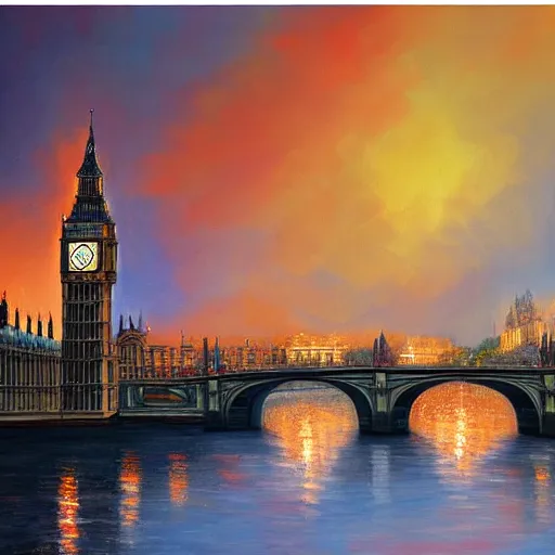 Image similar to detailed, soft, dynamic painting of the Big Ben on fire, professional painting, at dusk