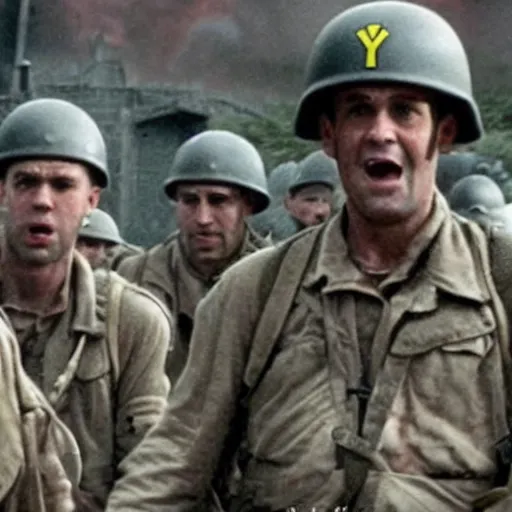 Prompt: movie still from saving private ryan replaced with minions